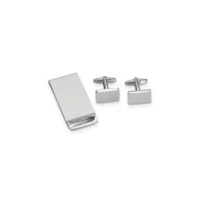 Silver-Plated Rectangular Engravable Cuff Link and Money Clip Set