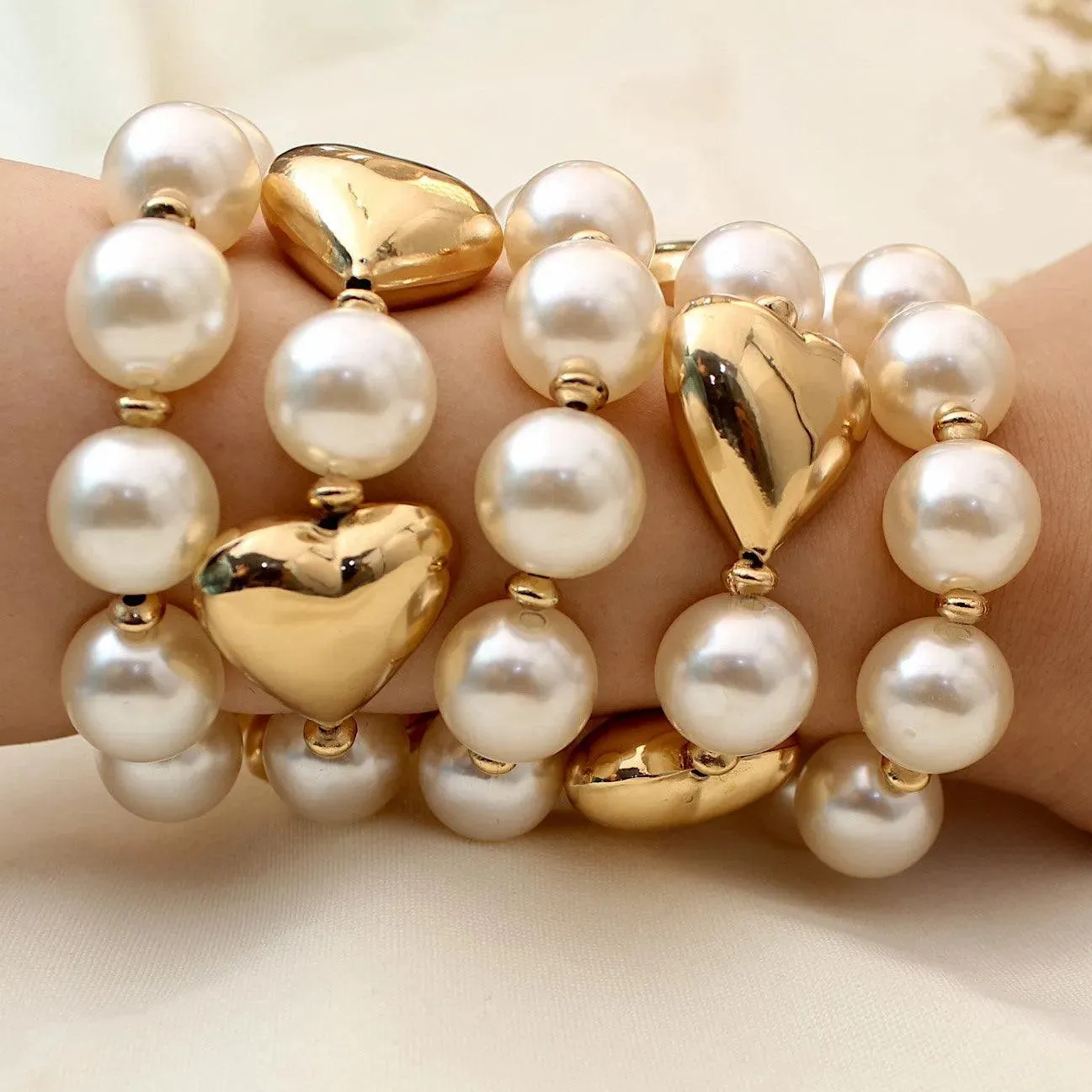 TFC Bold Heart Pearls Gold Plated Stacked Bracelet (Set of 5)