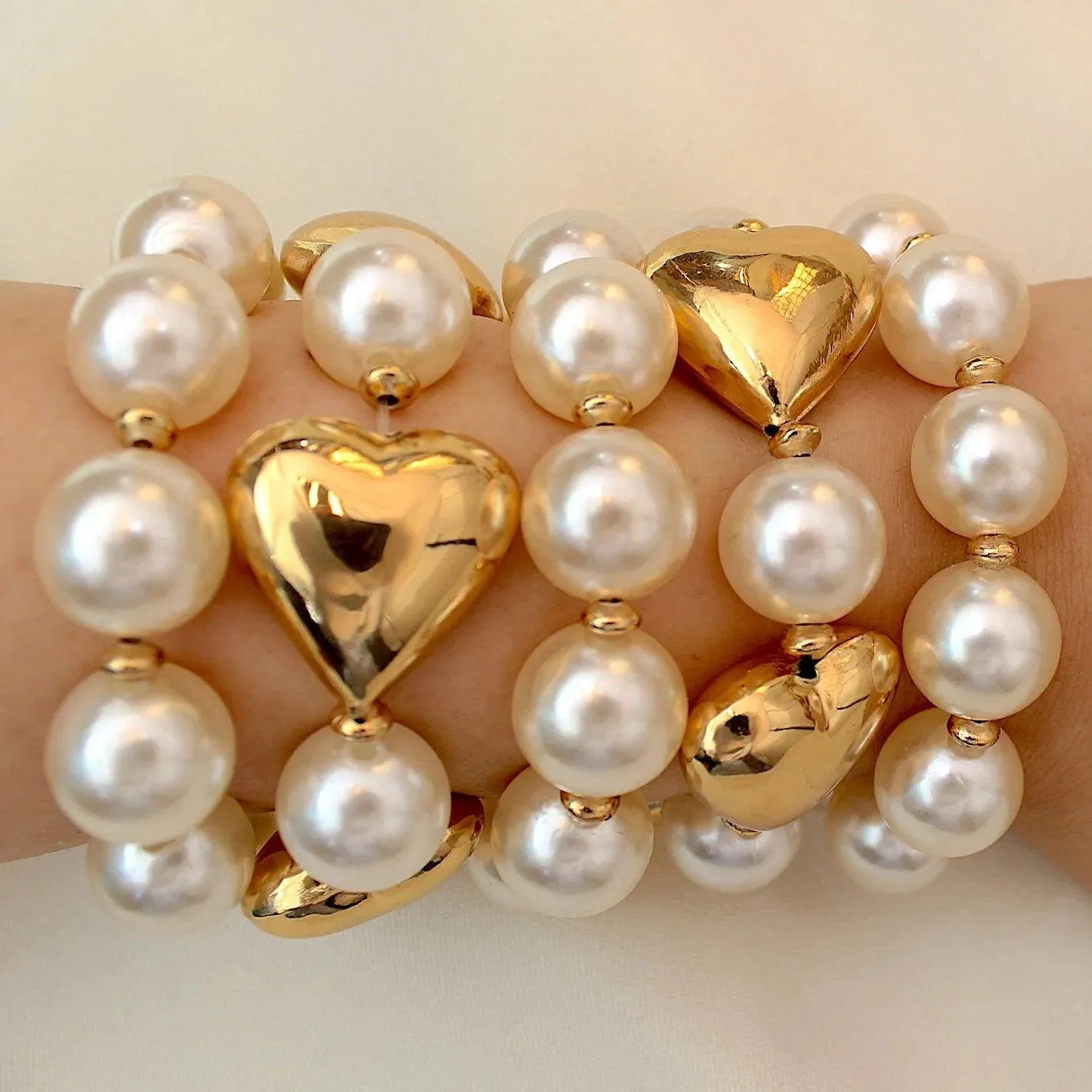 TFC Bold Heart Pearls Gold Plated Stacked Bracelet (Set of 5)