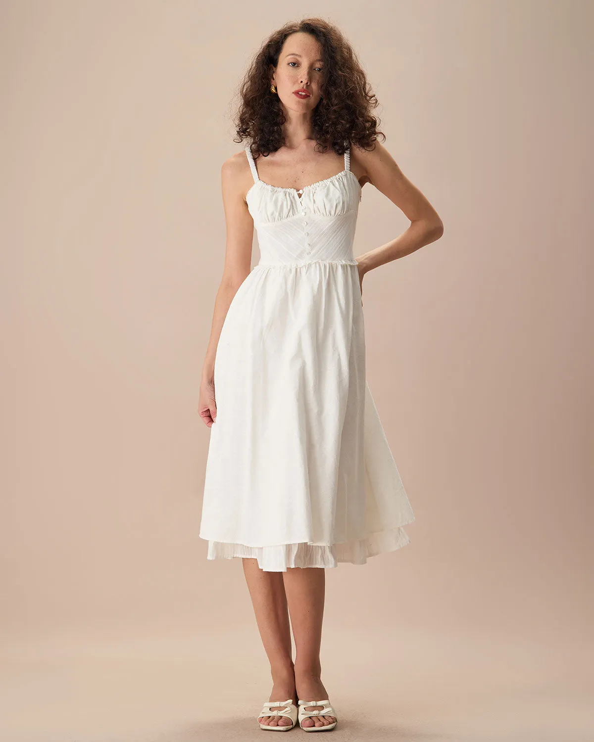 The White Ruched Slip Cotton Midi Dress